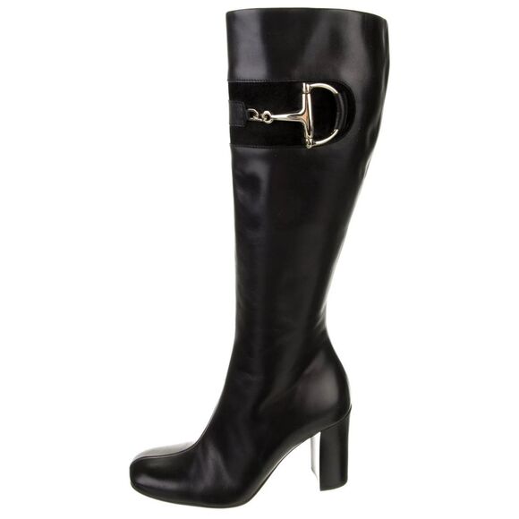 GUCCI Hasler Horsebit Black Leather Boot Size 39.5 US 9.5 Heeled Knee Square Toe - Picture 4 of 13